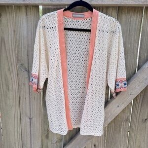 Addie Boho Loose Knit Crocheted Embroidered Trim Lightweight Cardigan